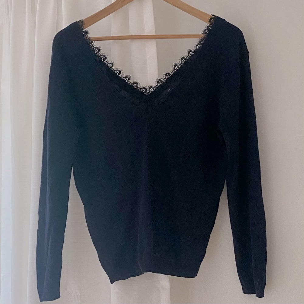 ZARA V Neck and V Back Lace Trim Navy Top